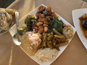 Vegan variety of appetisers with boiled salad and aubergine dip as well  at Boulamatsis in Naxos