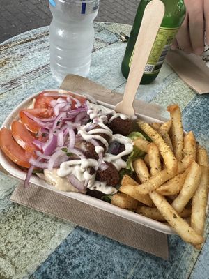 Falafel open plate made gluten free (chips instead of pita bread)   at Staazi & Co in Adelaide