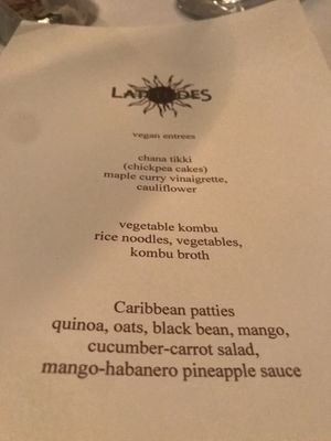 Vegan Menu Dec 20, 2019 at Latitudes in Key West