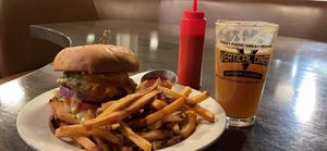 "tony hawk" burger with fries and a ginger kombucha at Vertical Diner and The Gold Room in Portland