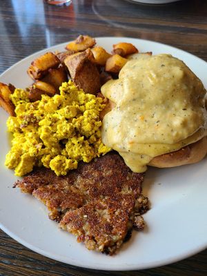 Potatoes, biscuits and gravy, tofu scramble, sauzage at Vertical Diner and The Gold Room in Portland