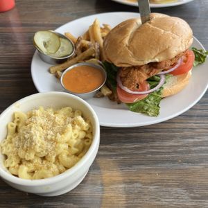 chicken sandwich with fries and a side of mac and cheesee  at Vertical Diner and The Gold Room in Portland