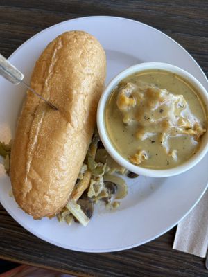 PDX Cheeze Stake sandwich with mashed potatoes and gravy  at Vertical Diner and The Gold Room in Portland