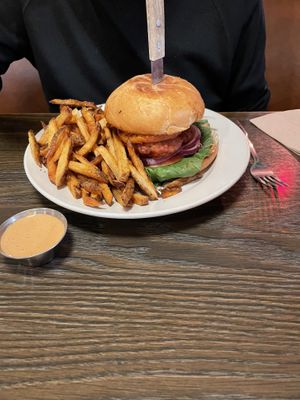Hawaiian Burger and fries  at Vertical Diner and The Gold Room in Portland