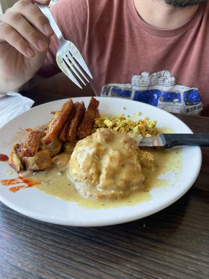 Biscuits and gravy with tempeh bacon   at Vertical Diner and The Gold Room in Portland