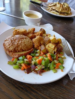 Chikun and biscuit with gravy on the side. at Vertical Diner and The Gold Room in Portland