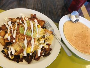 La Mesa with a pancake on the side. Both were delicious! at Vertical Diner and The Gold Room in Portland