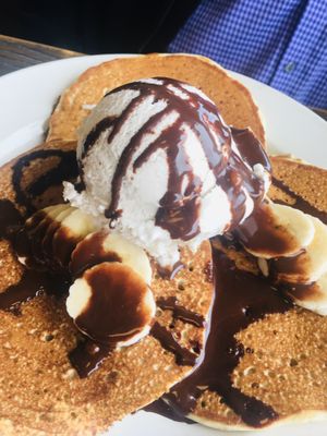 Triple Threat! Pancakes too with bananas, chocolate syrup & a scoop of ice cream   at Vertical Diner and The Gold Room in Portland