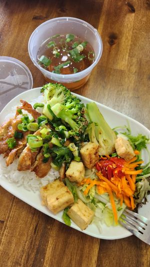 Rice with mock chicken (specify vegan) at BunMee Bay in Rosebud