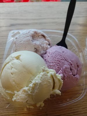 Mango in Front, Raspberry on Right and Strawberry in Back! These are normal size scoops too! at Ice Cream by Mike in Ridgewood