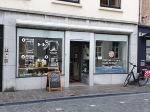 front of shop at KarmaMarkt in Bruges