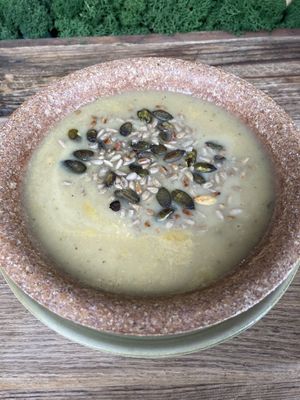 Celery cream soup with sunflower and pumpkin seeds   at Pijalnia Ziół in Warsaw