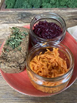 Vegan and gluten feee pate with carrot and beetroot salads   at Pijalnia Ziół in Warsaw
