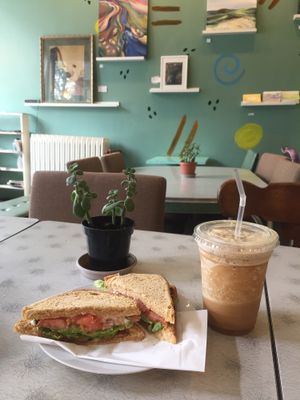 Vegan BLT with avocado. Vegan coconut milk and coffee frappe.  at Delicious Cafe in Chicago