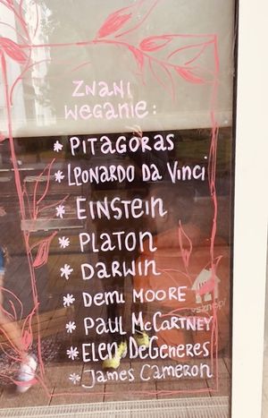 Outside wall with famous vegans  at Victory Lap in Warsaw