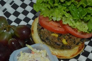 This burger is Vegan, and made locally in Calverton at the Stony Brook Incubator. Nice an at The Veggie Side in Hauppauge