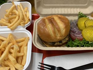 Southwest burger and side of fries at The Veggie Side in Hauppauge