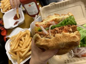 “The Perfect Burger” made out of Butternut Squash, Beets, and Sweet Potato-comes with lettuce, tomato, onion and pickles  at The Veggie Side in Hauppauge