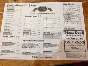 Menu. Pizza offers 12-5 week days. Some sides also vegan  at Di-Meo's in Whitley Bay