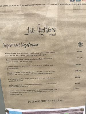 Vegan/veggie menu at The Feathers Hotel in Holt
