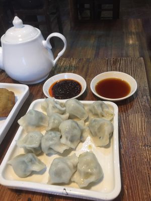 Jiaozi and sauces. at Ji Xiang Cao - Lucky Zen & Veg Restaurant in Shanghai