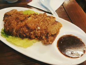 Mock fried chicken, great texture, yummy sauce! at GōngDé Lín - Godly - Wukang Rd in Shanghai