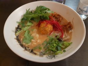 Vegan ramen (that tofu meatball, wow!) at Damura in Valencia