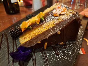 Chocolate orange dessert. Not on the menu, was a replacement for the chocolate fudge cake om the menu but not sure if it's a permanent thing. at Palominos in Erskine