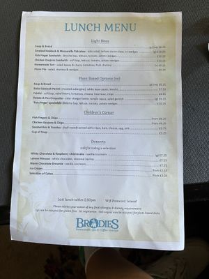 Menu (note the well labeled vegan/plant based options.  The menu also had additional vegetarian options in other sections)  at Brodies in Moffat