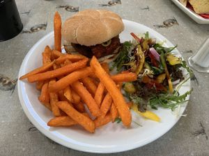 Vegan burger, sweet potato fries & side salad.  at The Village Rest in Luss