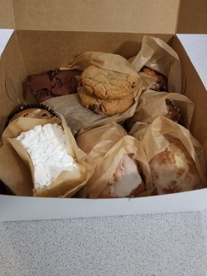 mudpie and chocolate chip cookies, apple fritters, cinnamon bun, blackberry muffin, lemon bar, Meyer lemon and orange cardamom cake  at Pushkin's in Roseville