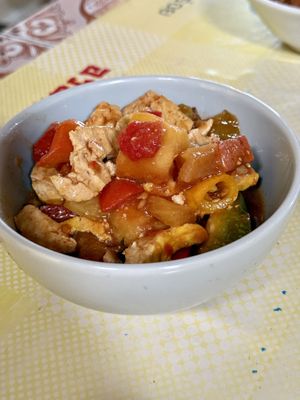 Tofu with pineapple   at Aharn Jay Somporn in Chiang Dao