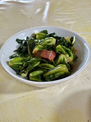 Chinese kale with mock pork  at Aharn Jay Somporn in Chiang Dao