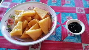 Fried Tofu, 20 Baht! Nice as a side dish, the sauce is really good too! at Kao Man Kai Jay Vegan in Chiang Dao