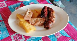 Plate of various mock meats. The sausages are really good too! Comes with the black sauce. 30 baht at Kao Man Kai Jay Vegan in Chiang Dao