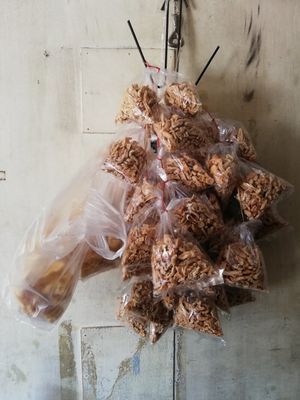 Different snacks/chips. 10BHT for one bag at Kao Man Kai Jay Vegan in Chiang Dao