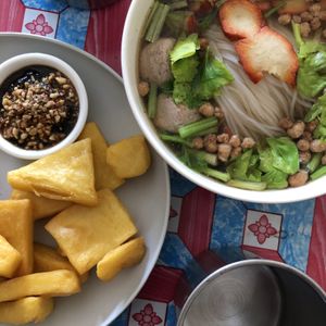 The rice noodles in light broth are really good! Fried chickpea tofu with sweet dipping sauce is ok, nothing special.  at Kao Man Kai Jay Vegan in Chiang Dao