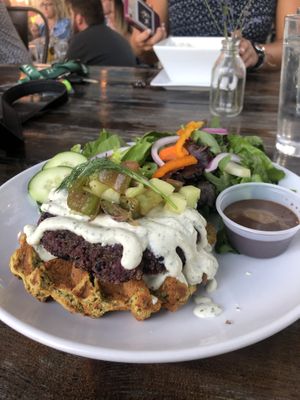 Black bean/quinoa veggie burger on falafel waffle at The Hyde House in Boise
