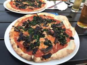 Vegan pizza!! Yum. at The Jolly Sailors in Brancaster Staithe