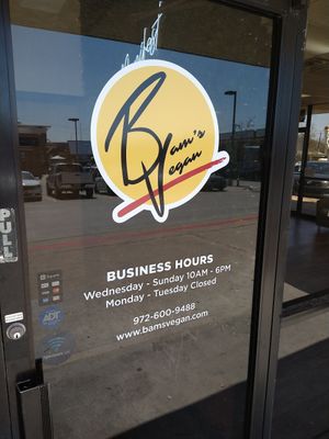 Times and date for normal business hours at Bam's Vegan in Dallas