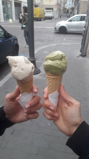 Chocolate chip salted caramel + matcha at Accademia del Gelato in Udine