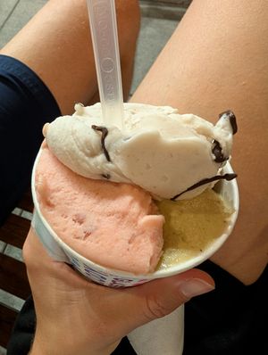 Salty pistachio (sooo good), stracciatella (also very good) and strawberry at Accademia del Gelato in Udine