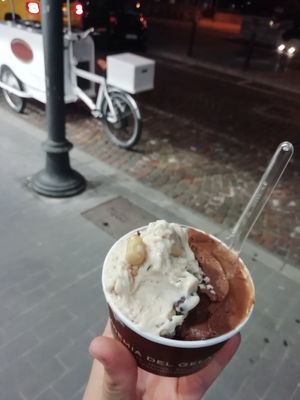 Peanut chocolate and one origin chocolate ice cream at Accademia del Gelato in Udine