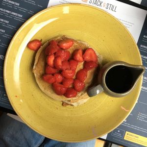 double pancake stack with maple syrup and strawberries (£9.50) at Stack & Still - George St in Glasgow