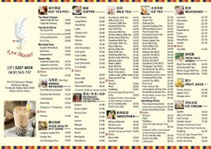 drinks menu  at Tea Master in Fortitude Valley