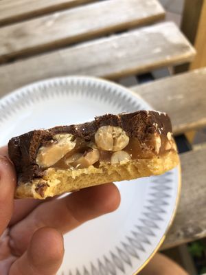 Nice caramel, chocolate nut slice  at Flax in Malmo