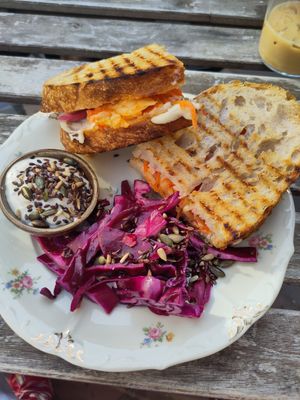Insanely tasty toast with cashew cheese and kimchi at Flax in Malmo