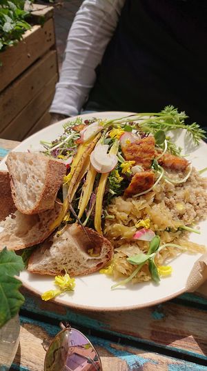 Salad, with vegetables,quinoa, sprouts, tempeh at Flax in Malmo