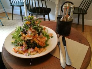 Kimchi Macka, a big plate of vegetables with a tosted bread inside, very good. at Flax in Malmo