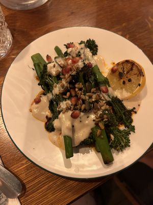 Charred broccoli served with tahini and pomegranate seeds was one of the most incredible things I’ve tasted  at Cosy Time in York